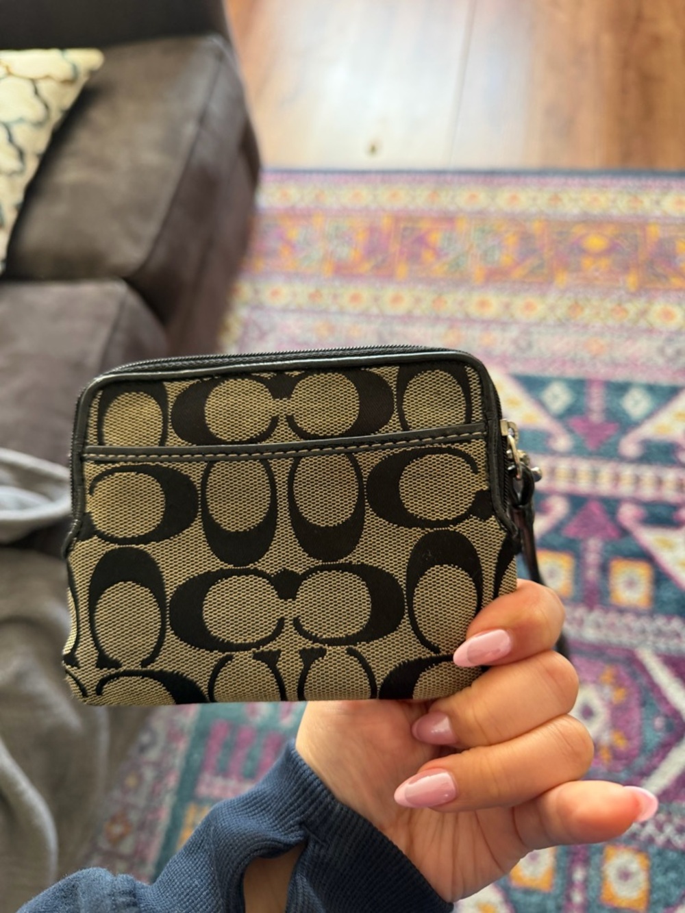 Coach Signature Zip Card Case Wristlet Black Khaki Canvas Leather Trim 🖤 - Picture 2 of 4